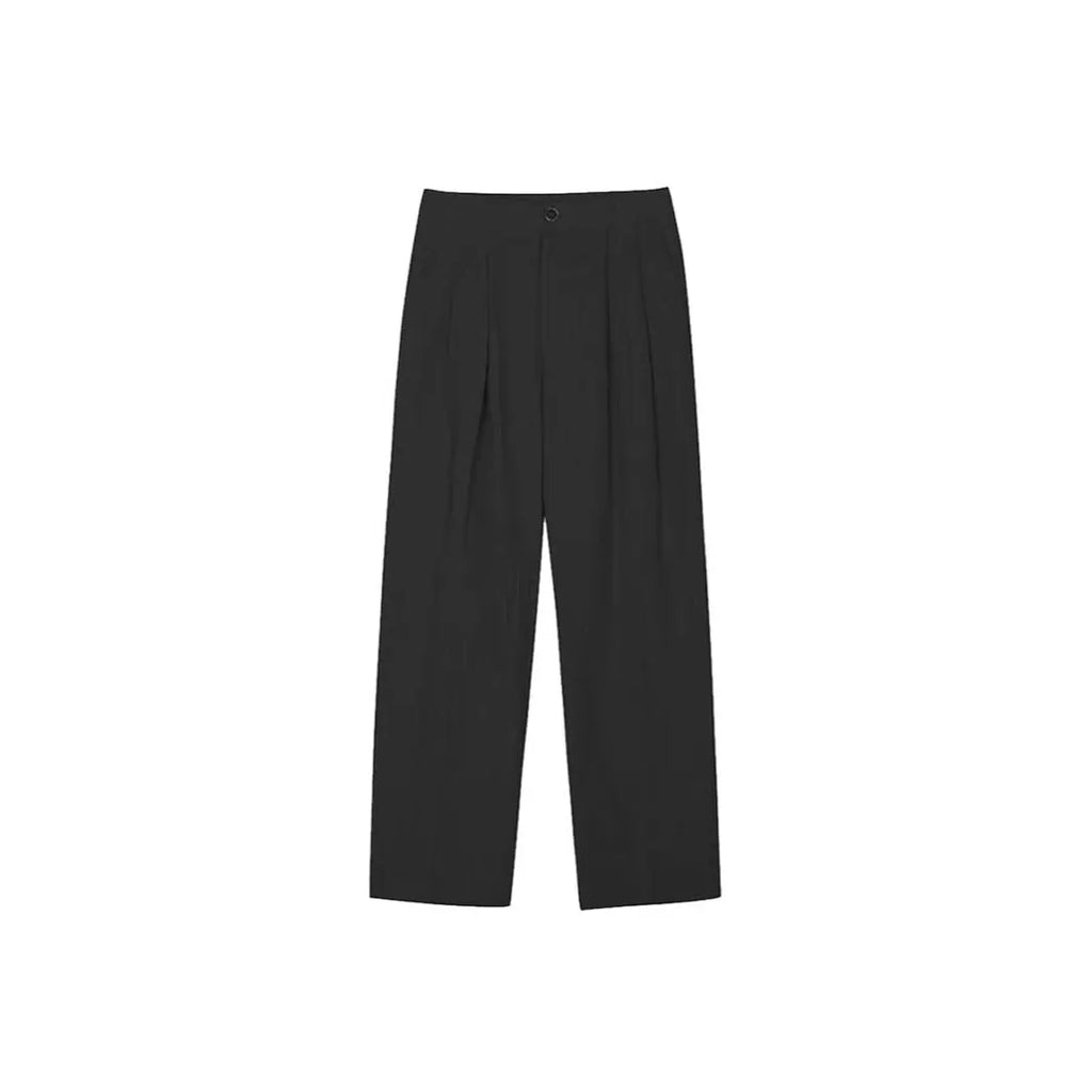 Men's lightweight apricot coloured loose-fit linen trousers laid flat, showing zip fly and relaxed leg style.