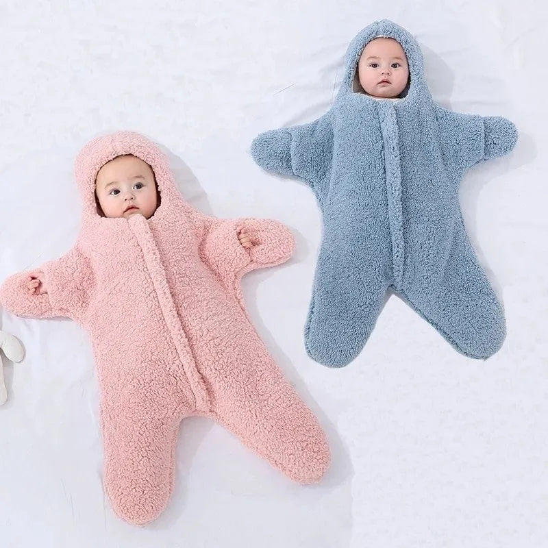 Newborn baby starfish lamb velvet sleeping bag with hood and zipper in pink, grey, light blue, and khaki for 0-6 months