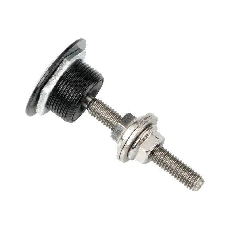 30mm diameter aluminium car engine cover lock with a button head, shown with a 55mm screw, in red finish.