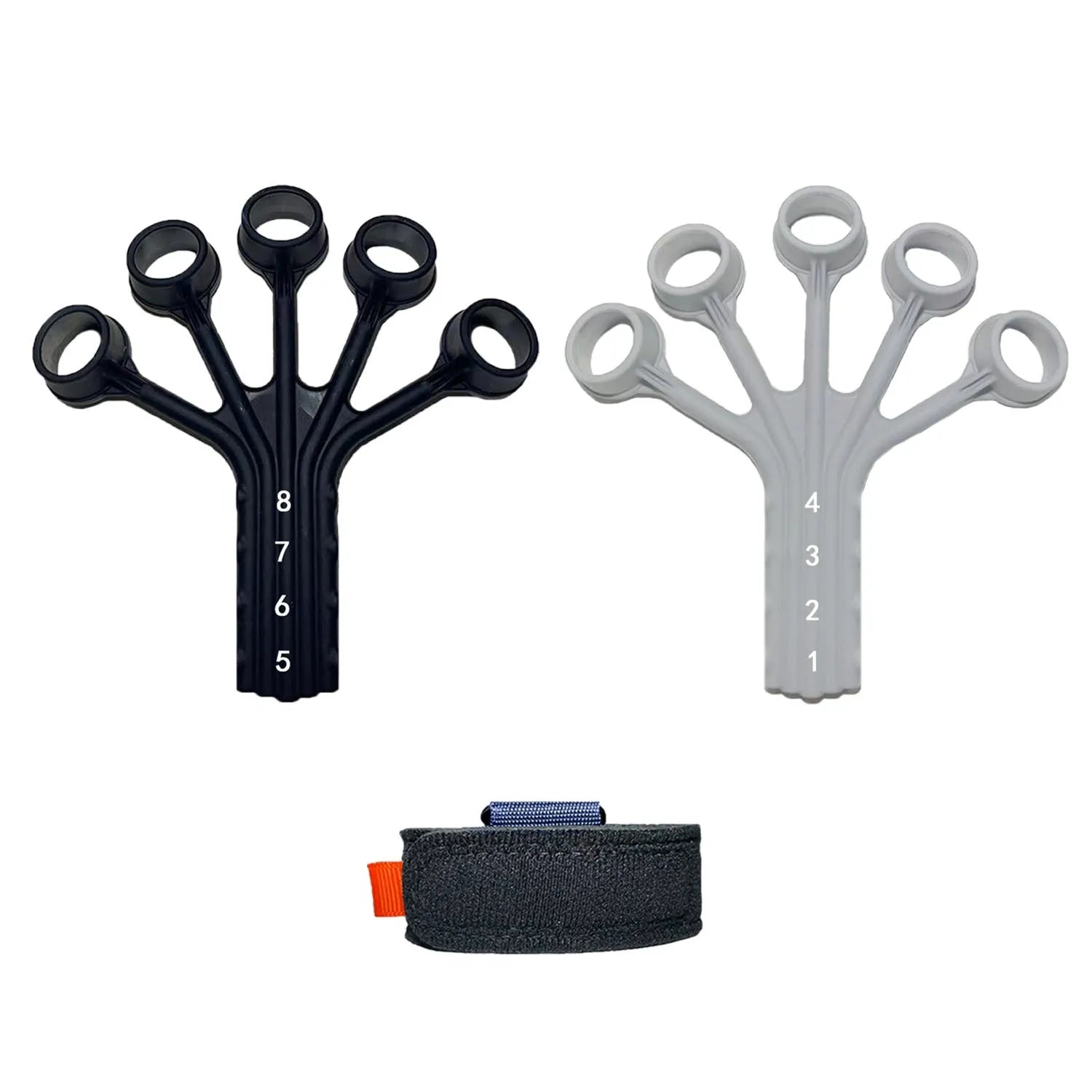 Silicone finger flexion and extension rehabilitation trainer with adjusting belt.
