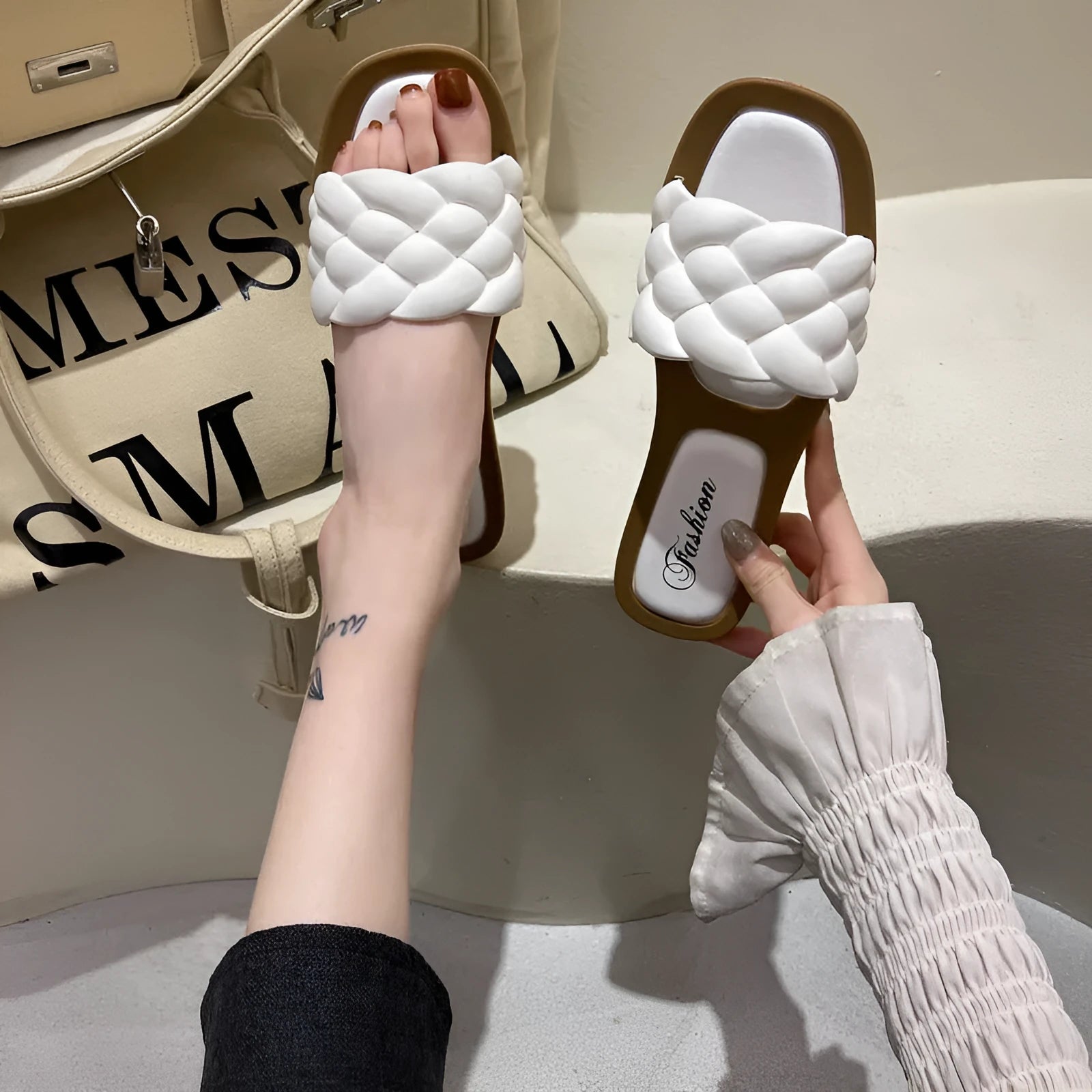 Women's plaid pattern beach sandals with anti-skid PVC soles in thick sole design