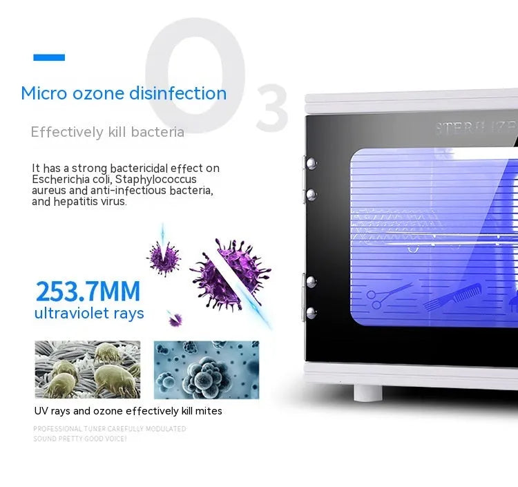 Small silver UV steriliser cabinet for salon tool disinfection with stainless steel chamber.