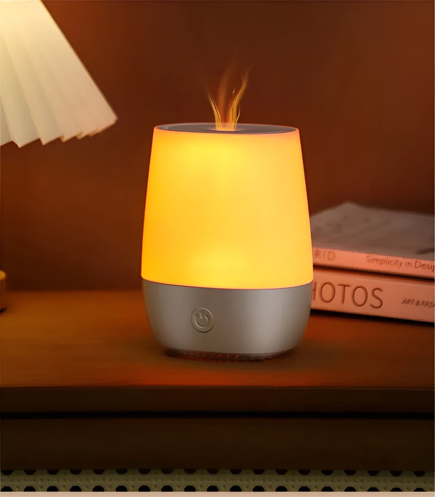 White USB aromatherapy diffuser with flame effect and mist output