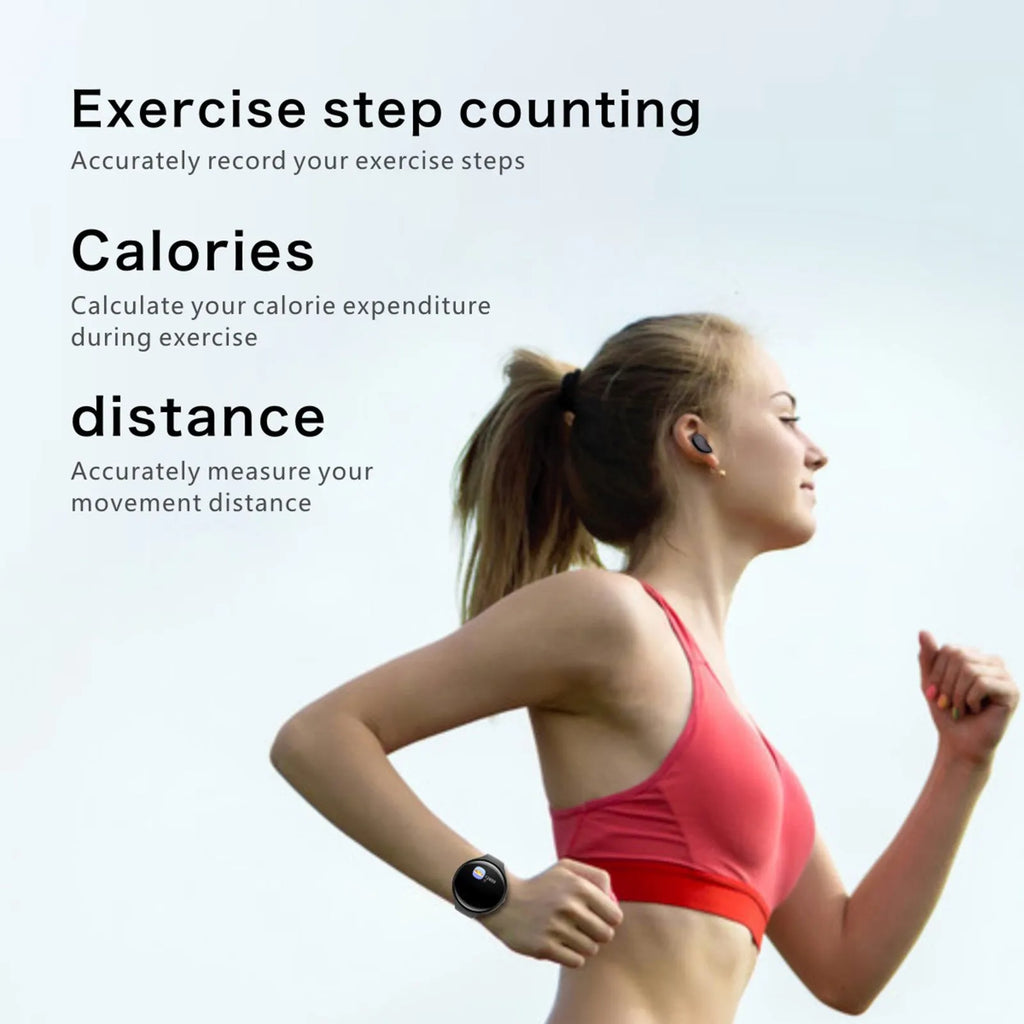 Black Bluetooth headset attached to a smart bracelet with colour screen for heart rate and step tracking.