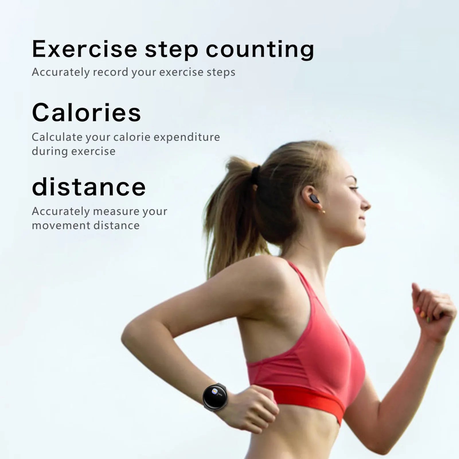 Black Bluetooth headset attached to a smart bracelet with colour screen for heart rate and step tracking.