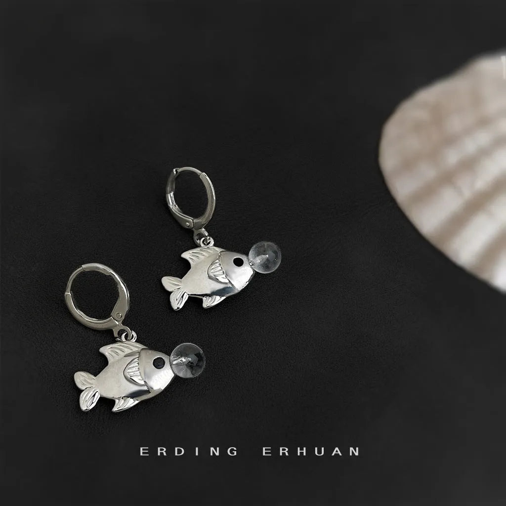 Copper bubble fish earrings with animal modelling and electroplated goldfish style design
