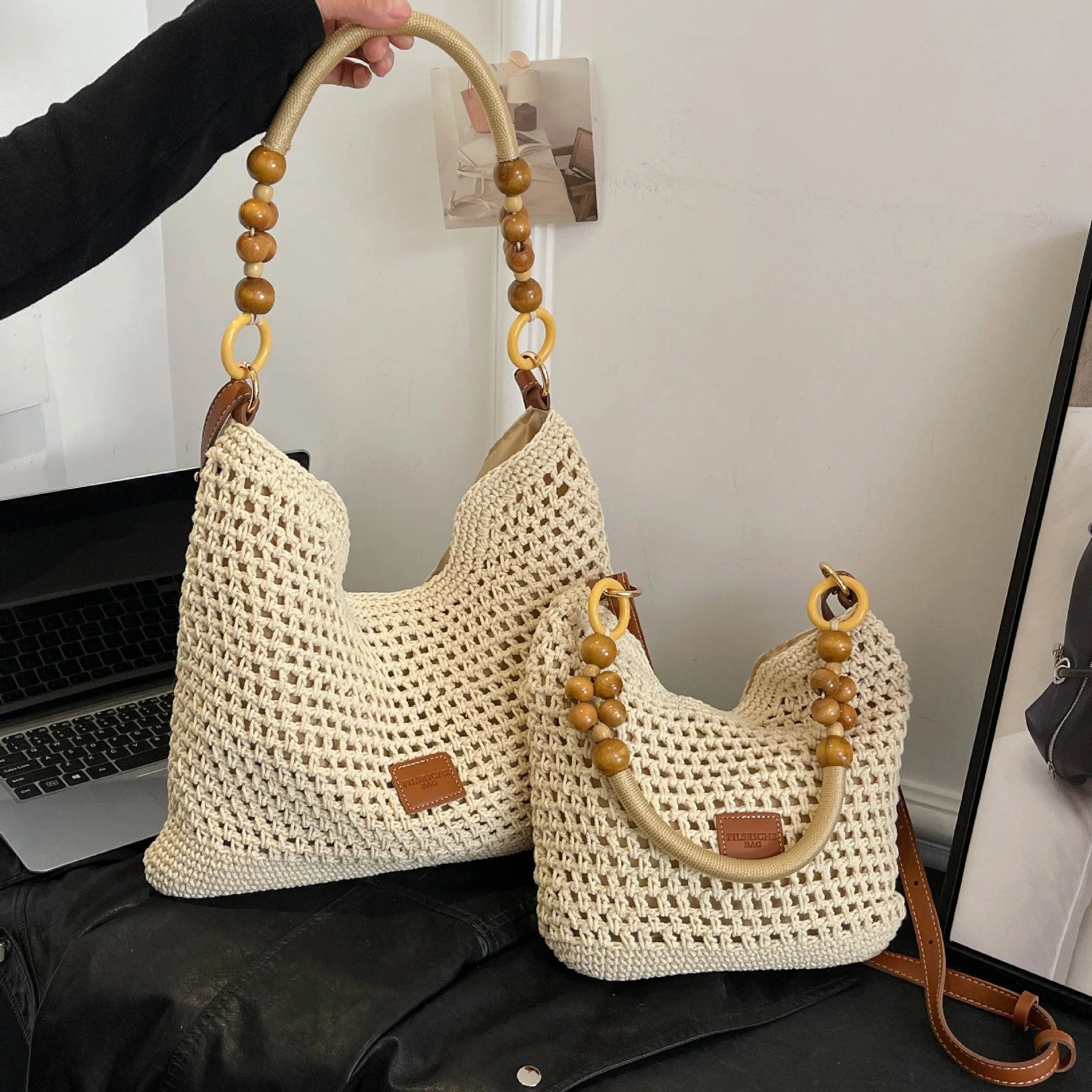 Large knitted tote beach bag with contrast stitching, urban simplicity style, black colour, crossbody strap