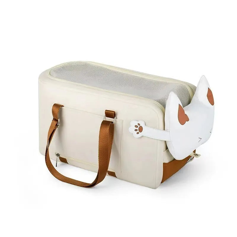Beige hard shell one-shoulder pet carrier bag for cats under 15kg with EPE padding, size 43x25x22.5cm