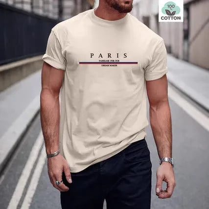 Men's loose fit pure cotton T-shirt with a printed letter design on the front, shown in apricot colour.