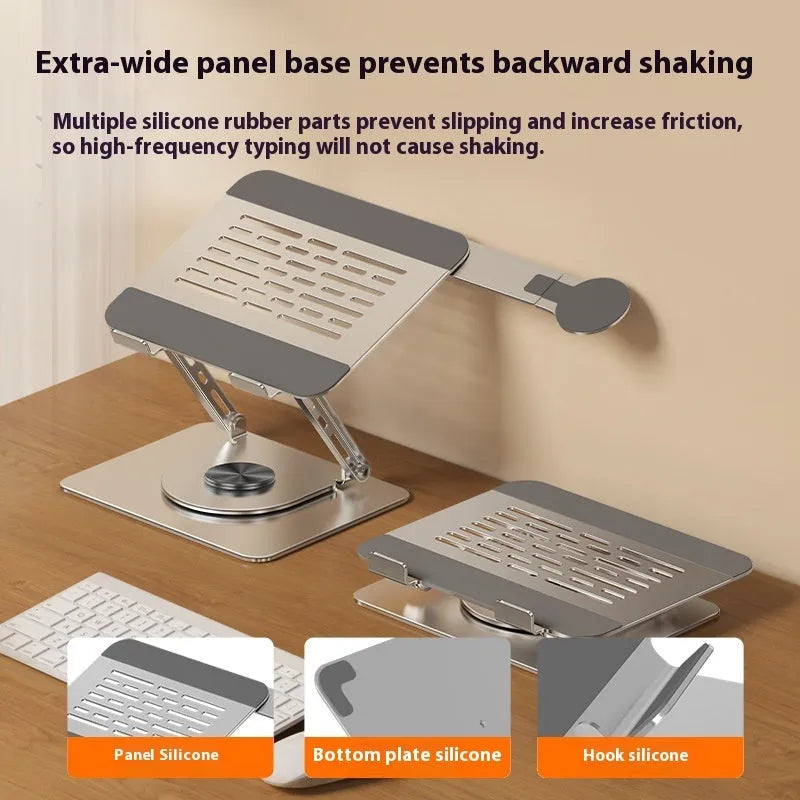 Silver carbon steel laptop stand with rotating base and side-mounted magnetic phone holder for devices up to 17 inches