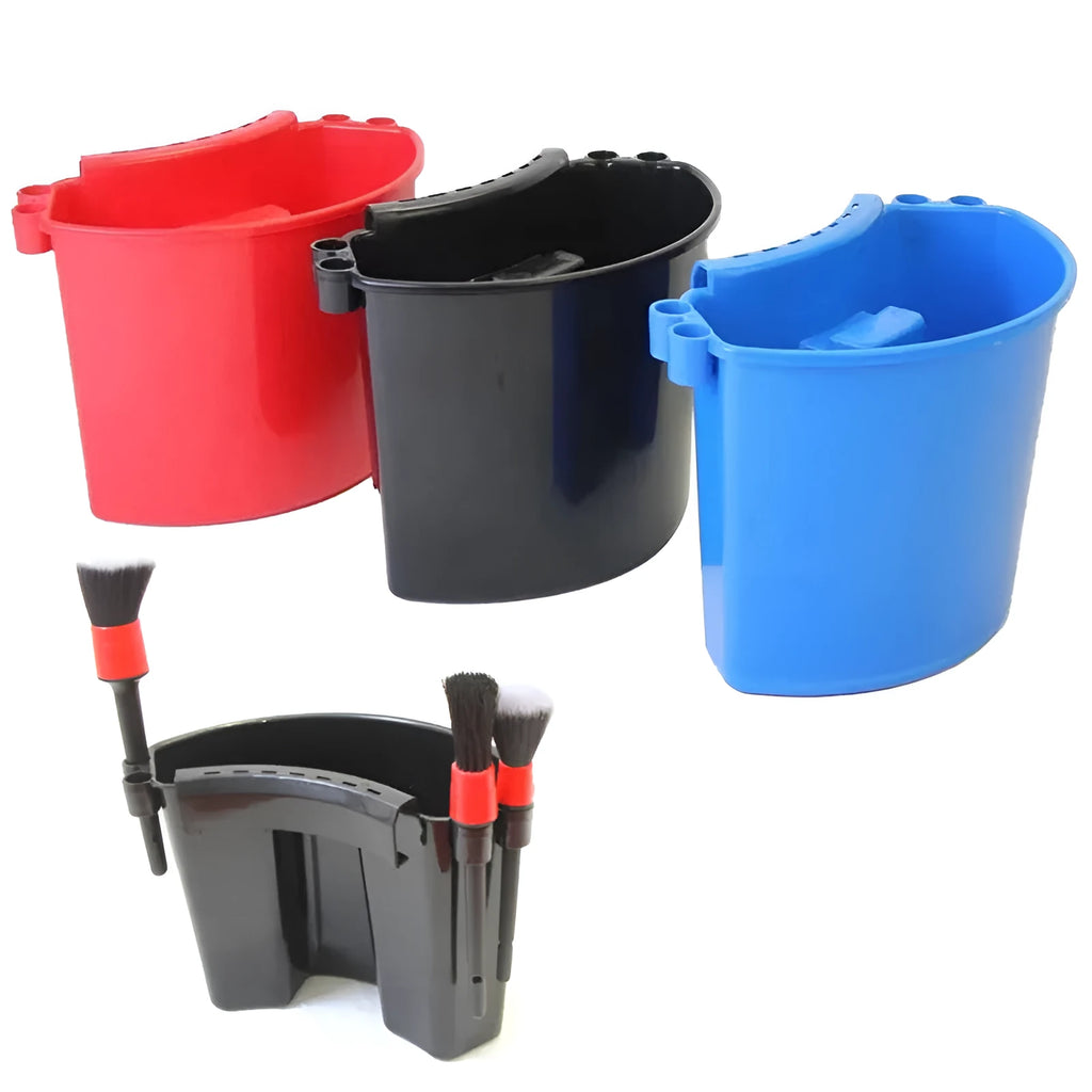 PP plastic car wash bucket available in black, red, blue, and pink colours