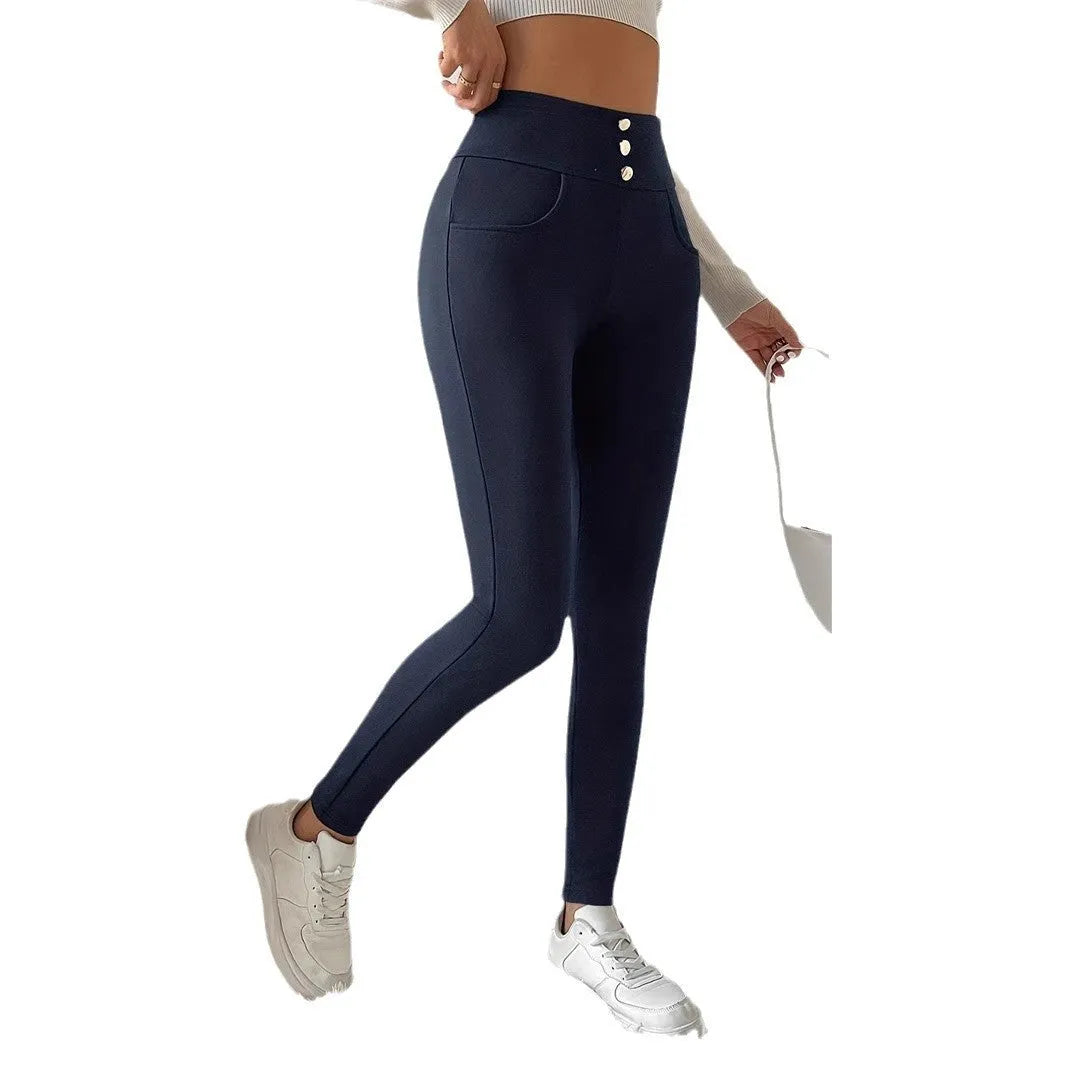 Women's navy blue high waist straight-leg casual trousers with micro elastic polyester fabric