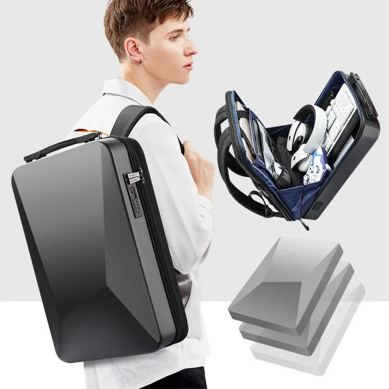 Men's PC hard shell gaming backpack with anti-theft lock in titanium gold silver or xingyao black colour