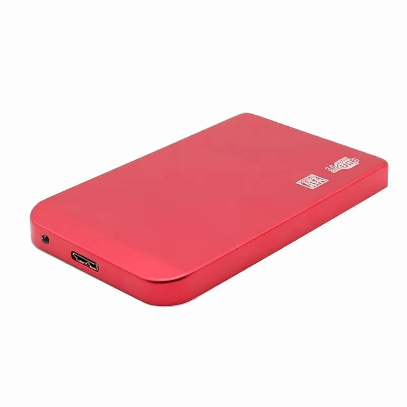External solid state drive with metal shell in choice of black, blue, red, or silver colours showing USB 3.0 connector