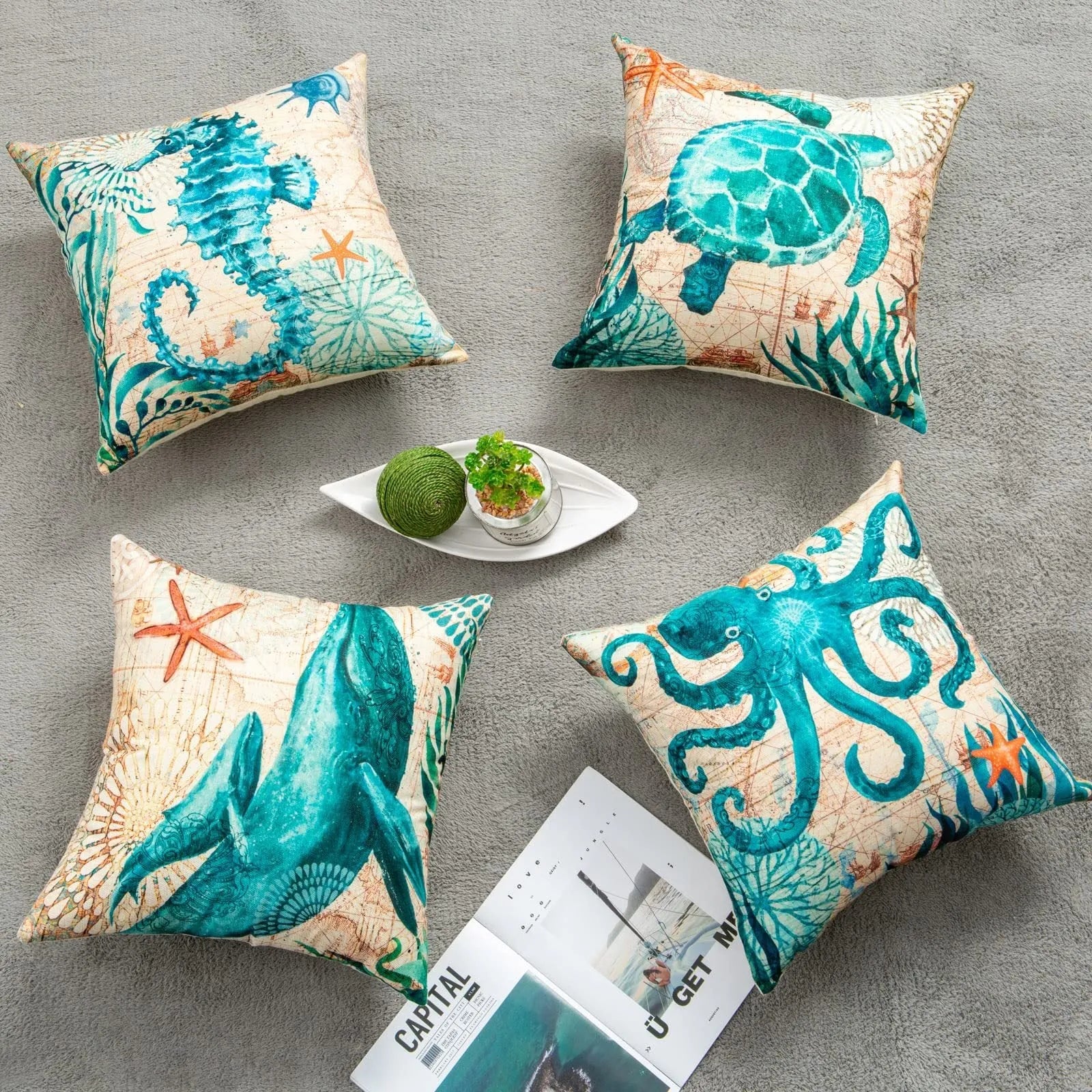 Sea turtle printed linen cushion cover 45x45cm with invisible zipper on sofa
