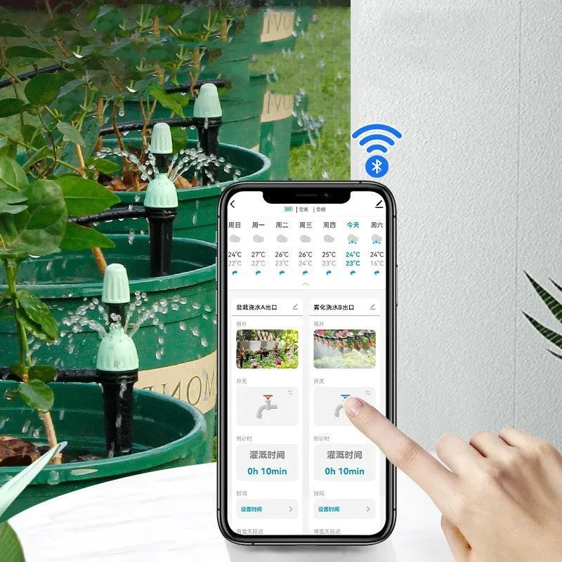 Bluetooth dual watering controller with timer and WiFi gateway for garden irrigation, compact weatherproof design