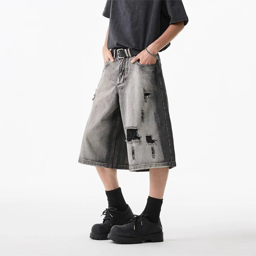 Gray high street water washed hole denim shorts for women retro loose fit cropped cotton summer shorts