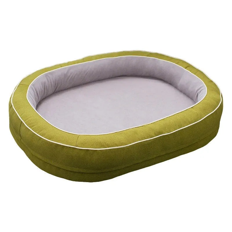 Oval removable cloth pet bed for dogs in green, available in S, M, L sizes