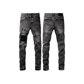 Black slim fit stretch skinny jeans with button fly, cotton straight-leg pencil pants for men