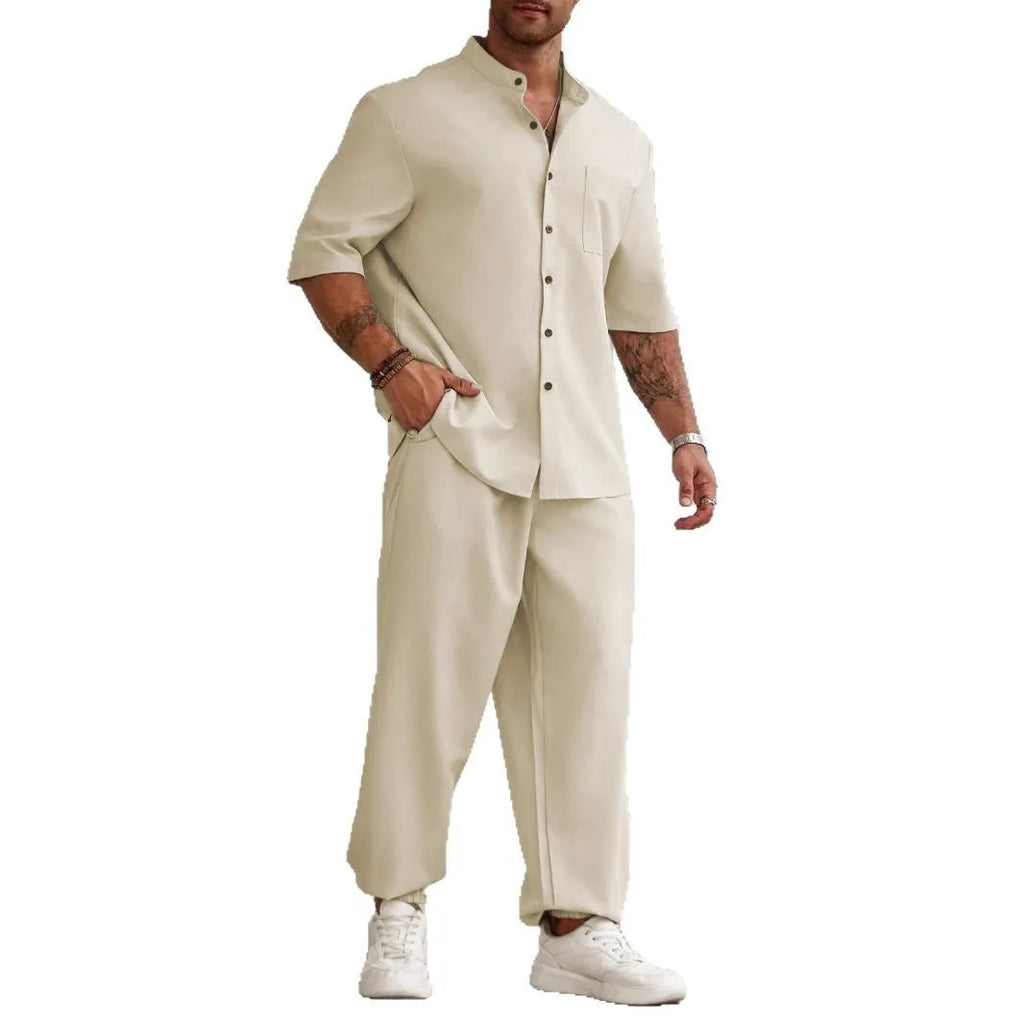 Men's apricot coloured cotton linen casual short-sleeved shirt and trouser set laid flat.
