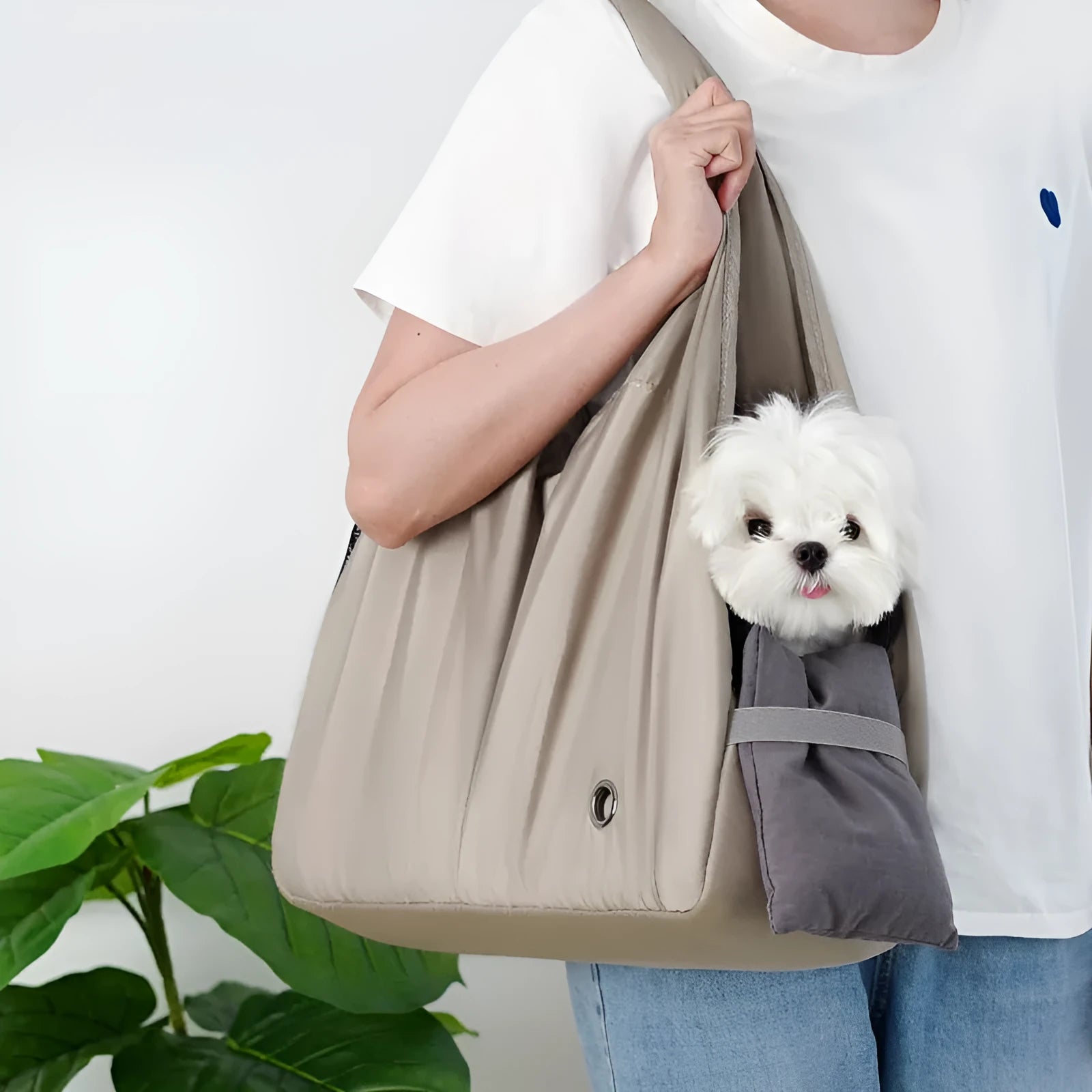 Apricot cloth pet summer handbag showing dimensions of 41cm length by 16cm width by 28cm height