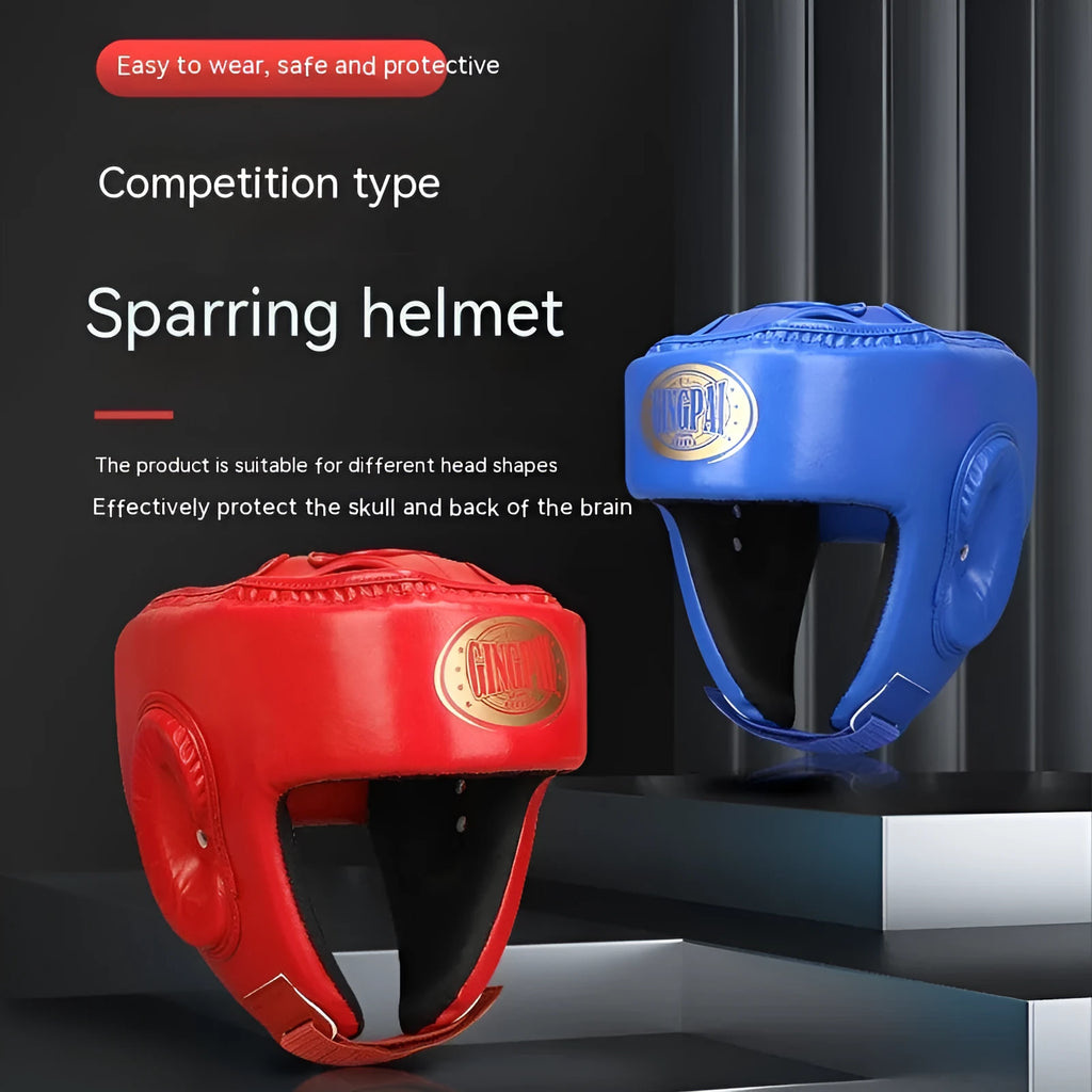 Fully enclosed boxing helmet with jaw protection in black, PU material, size options S to XXL