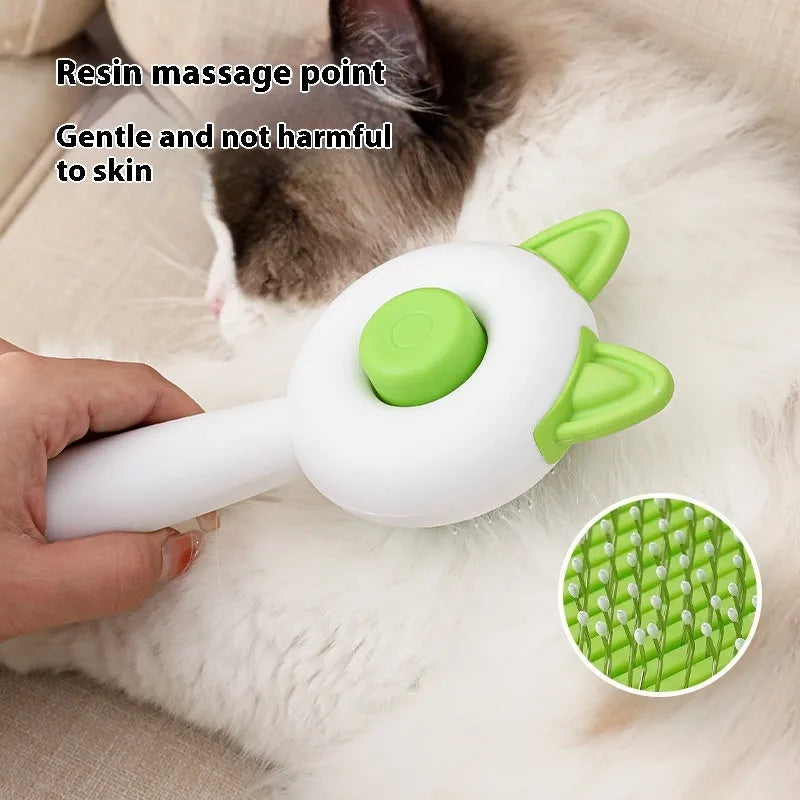 Self-cleaning pet grooming comb with stainless steel teeth in greenish white and orange white colour options