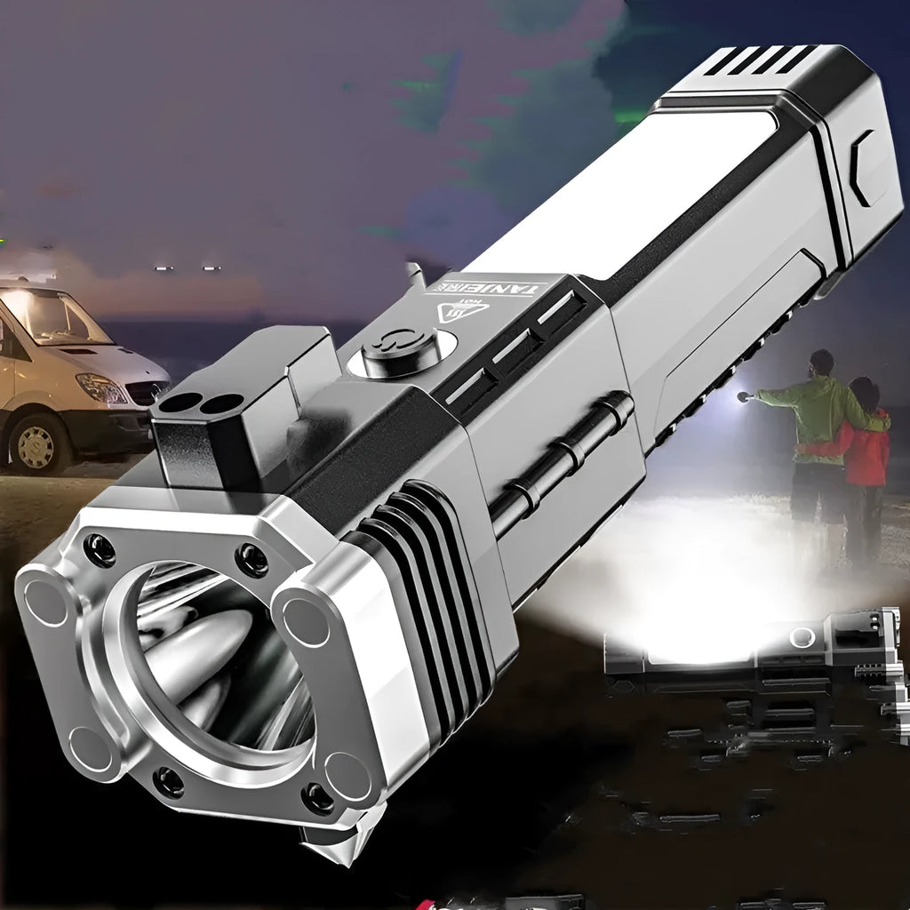 Silver plastic portable LED flashlight with integrated USB power bank charging port.