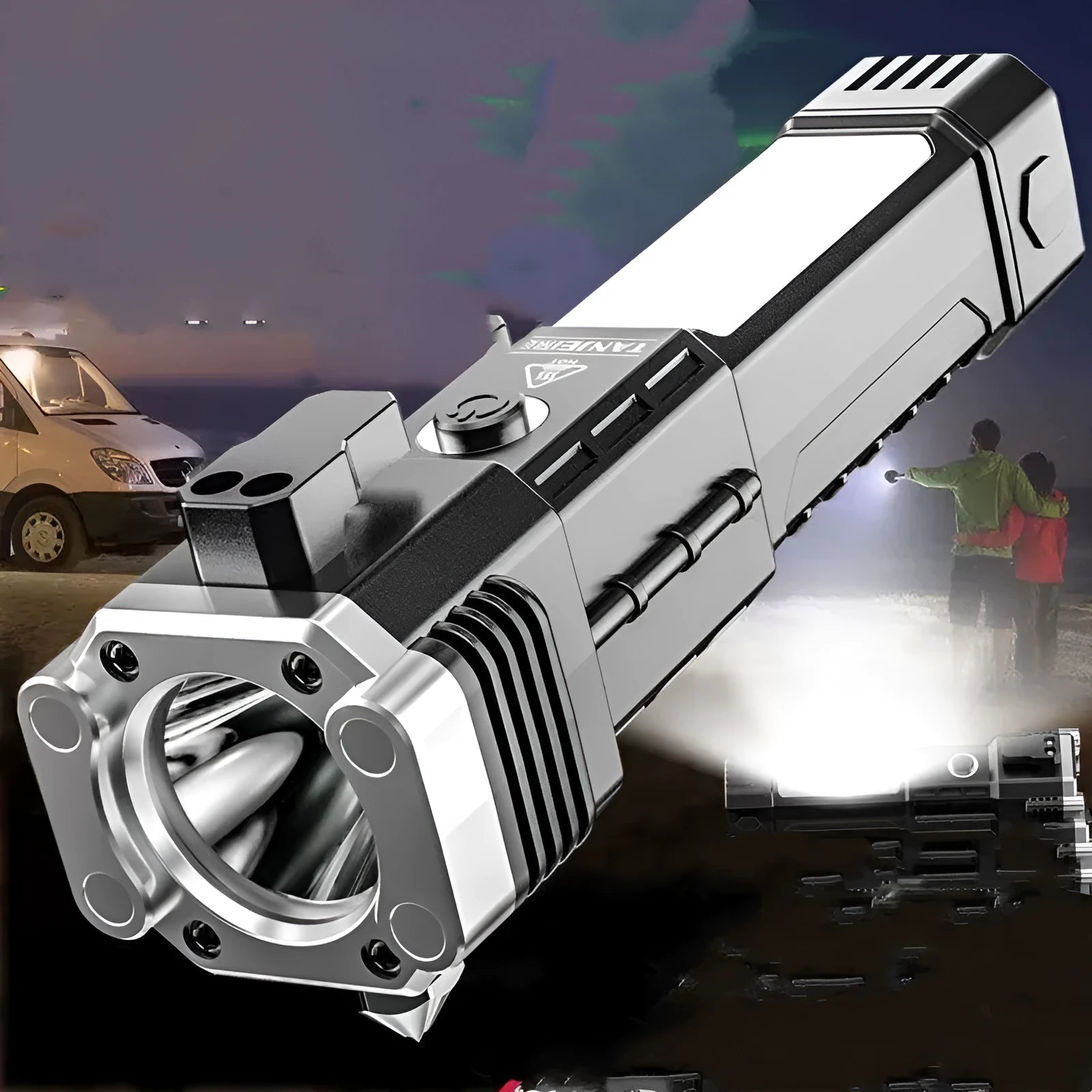 Silver plastic portable LED flashlight with integrated USB power bank charging port.