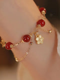 Women's red agate double layer ethnic fashion bracelet with floral peach blossom design elements