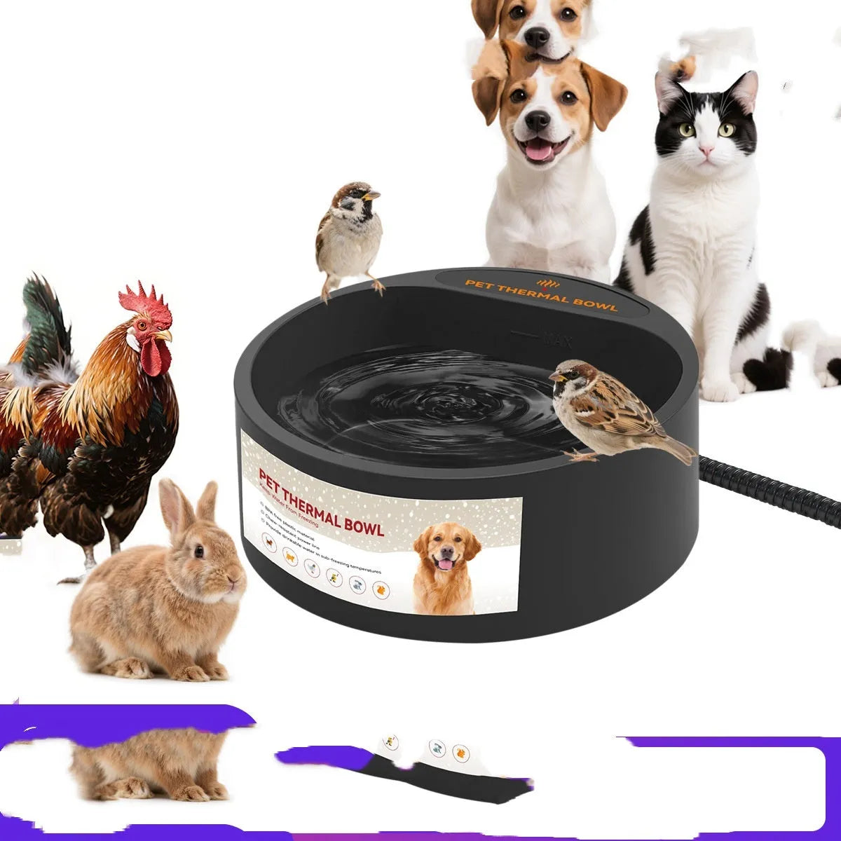 Black ABS heated pet bowl for cats and dogs with 2.2 litre capacity and 35W heating element
