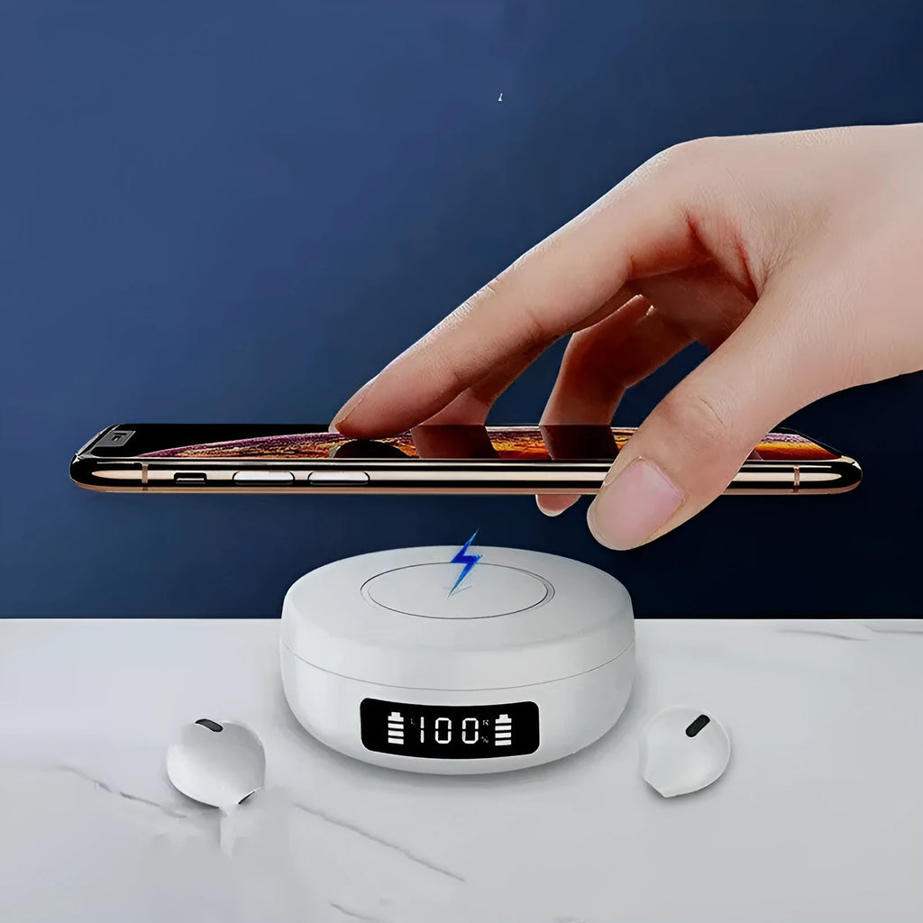 Mini semi-in-ear wireless headphones with charging case in black, white or blue colours