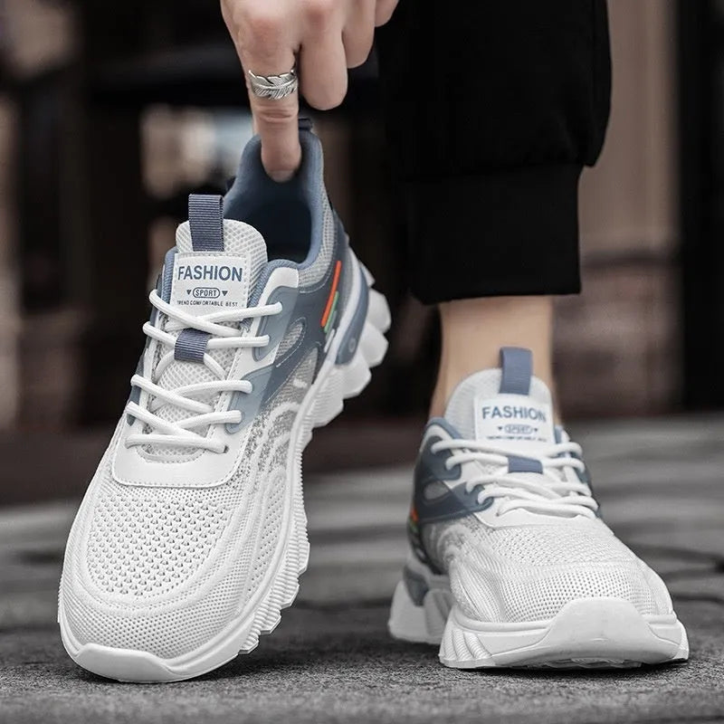 Men's white blue platform casual running shoes with mesh upper and rubber sole