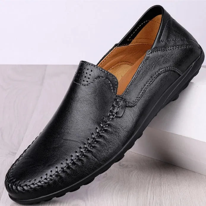 Pair of cowhide men's business casual leather shoes with round toe and rubber sole