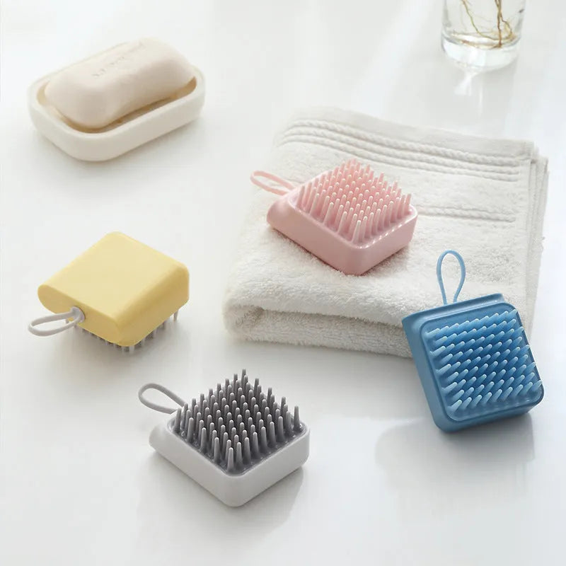 Pet dog cat bath brush with soft TPR prongs in blue colour, ergonomic design for wet and dry grooming