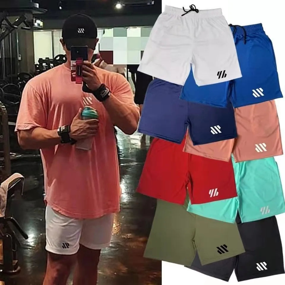 Loose-fit metal silk sports shorts for running in various colours on a size chart.