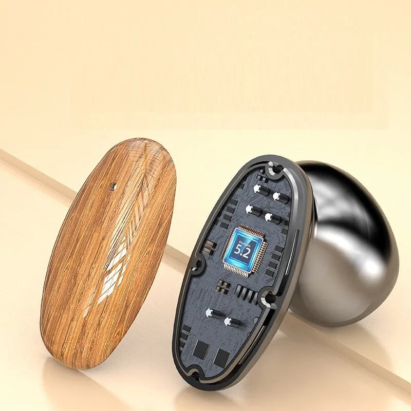 M35 wood grain wireless Bluetooth earbuds with charging case showing power display