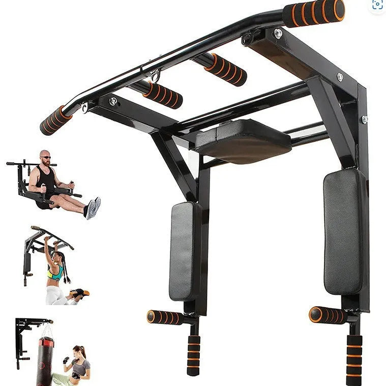 Black wall-mounted metal fitness station with sandbag rack and integrated parallel bars for pull-ups.