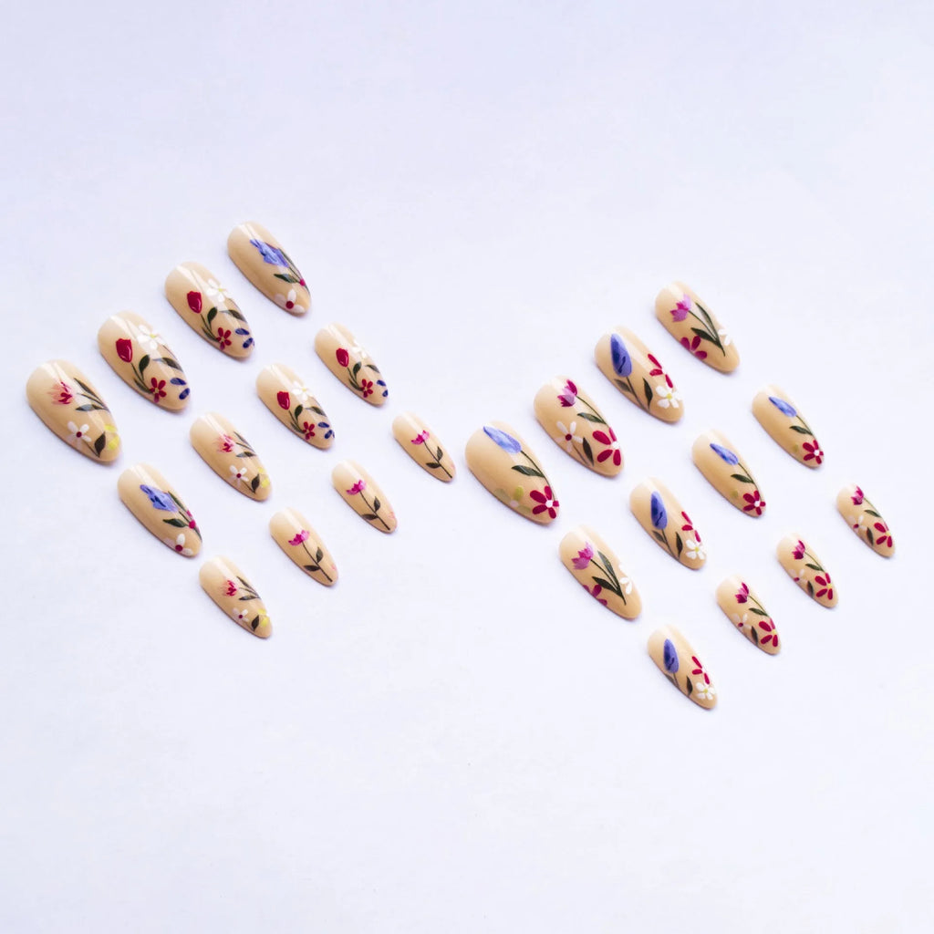 Almond-shaped removable flower nail art set with rose pattern in solid colour base, available with bare strip or jelly glue accessories