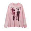 Loose dark grey cotton pullover top with letter pattern and drop-shoulder long sleeves on a hanger