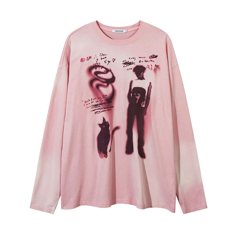 Loose dark grey cotton pullover top with letter pattern and drop-shoulder long sleeves on a hanger