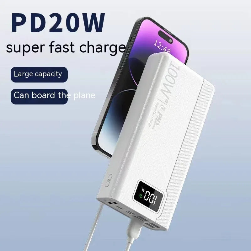 Black and white large capacity fast charging power bank with dimensions 150x76mm