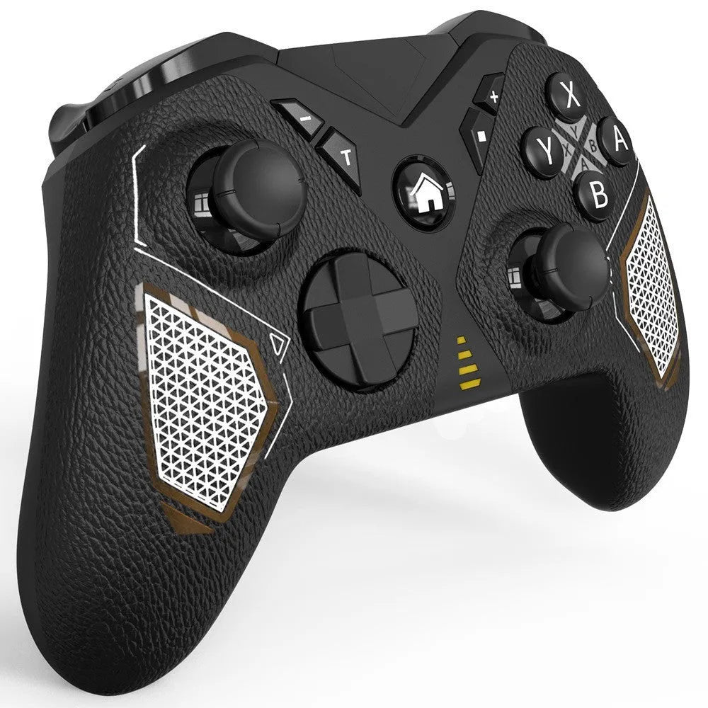 Black wireless Nintendo Switch game controller with leather-texture grips on a grey background.