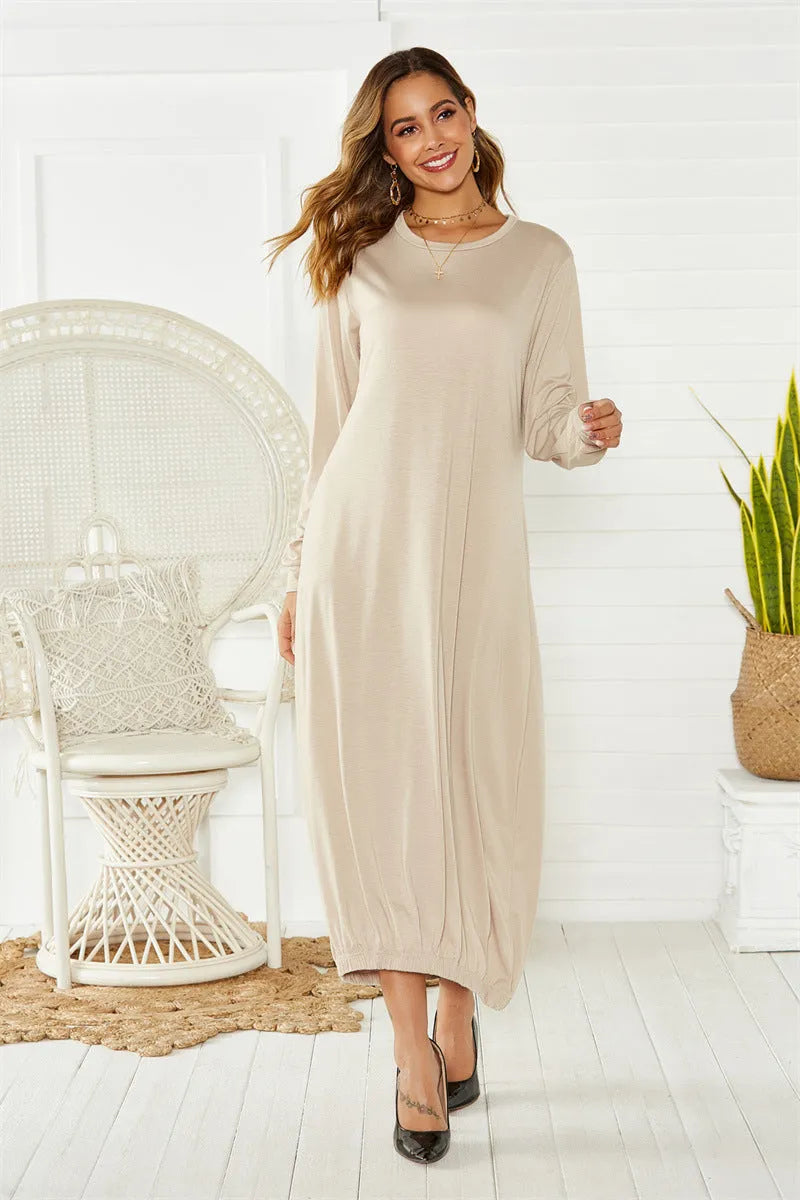 Black lantern dress with lace-up crew neck and loose silhouette casual style