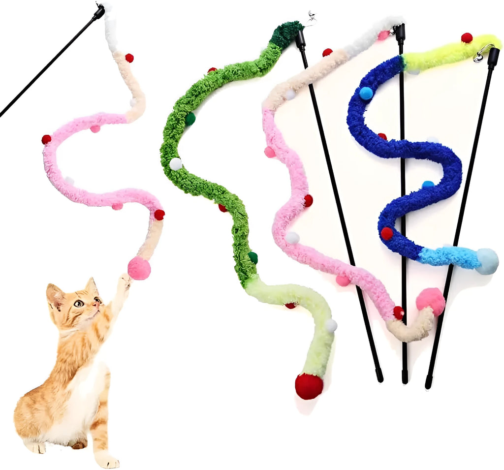 Blue interactive cat teaser wand with long plush strip and fluffy bell ball.