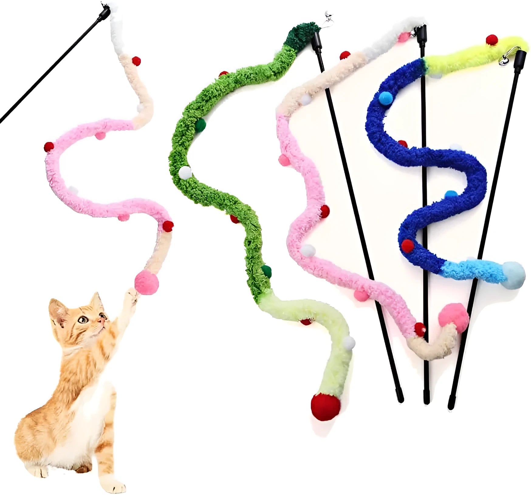 Blue interactive cat teaser wand with long plush strip and fluffy bell ball.