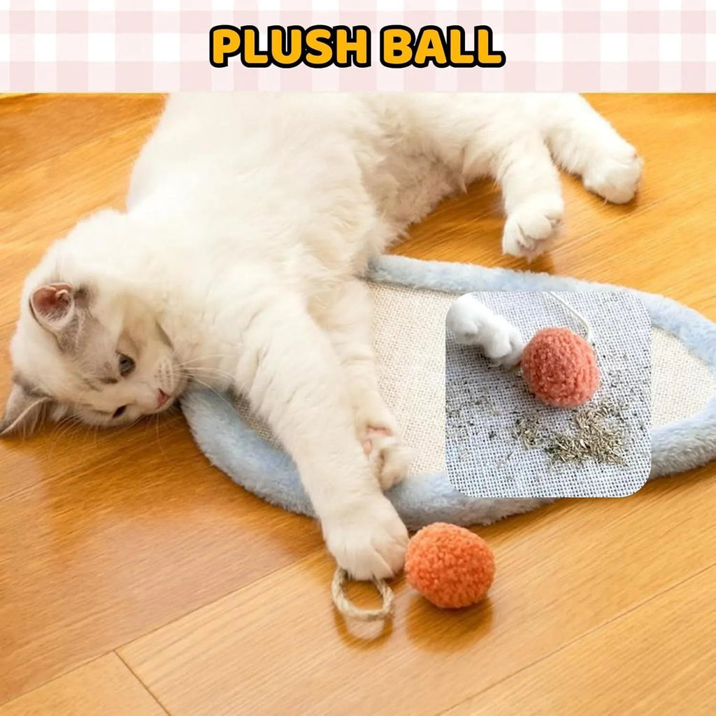 White cat scratching mat with sleeping cat cartoon pattern, natural sisal surface, wall mounted design