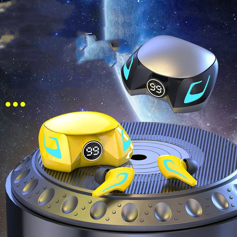 Bluetooth gaming headset with colourful ear cups in black, grey, or yellow colour options showing wireless design