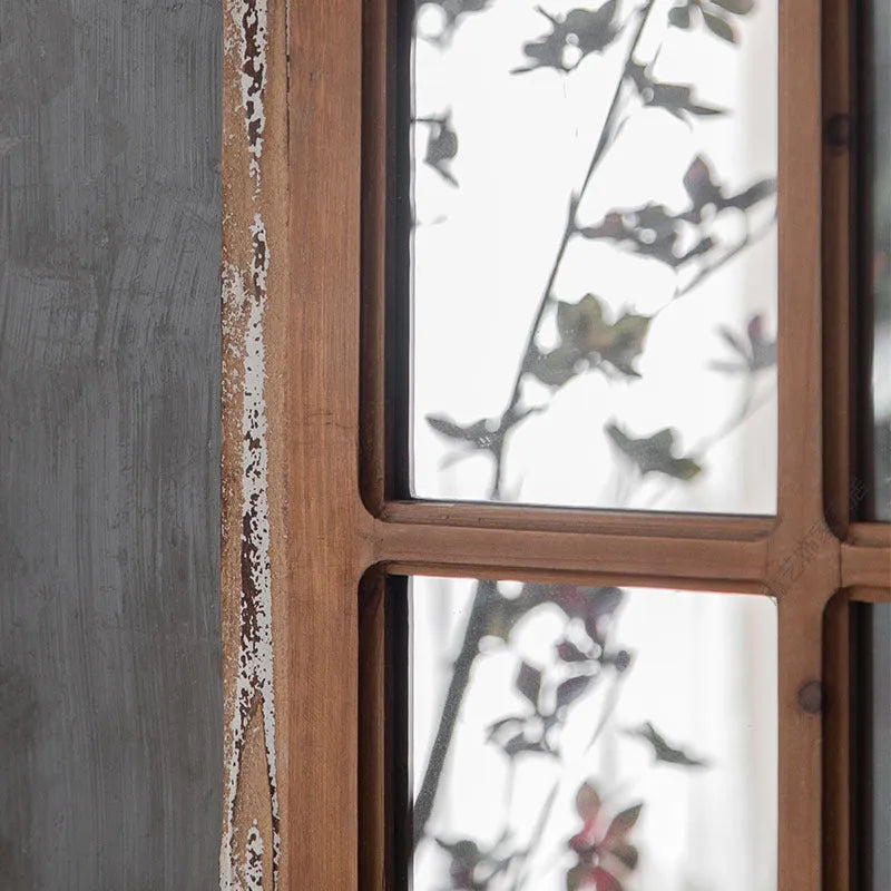 Terrace distressed fake window wall mirror with wooden glass and log-coloured finish