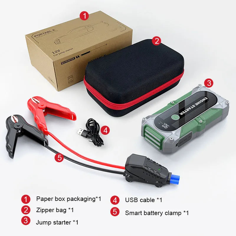 Q1 portable car jump starter with digital display and ordinary clip jumper in storage bag